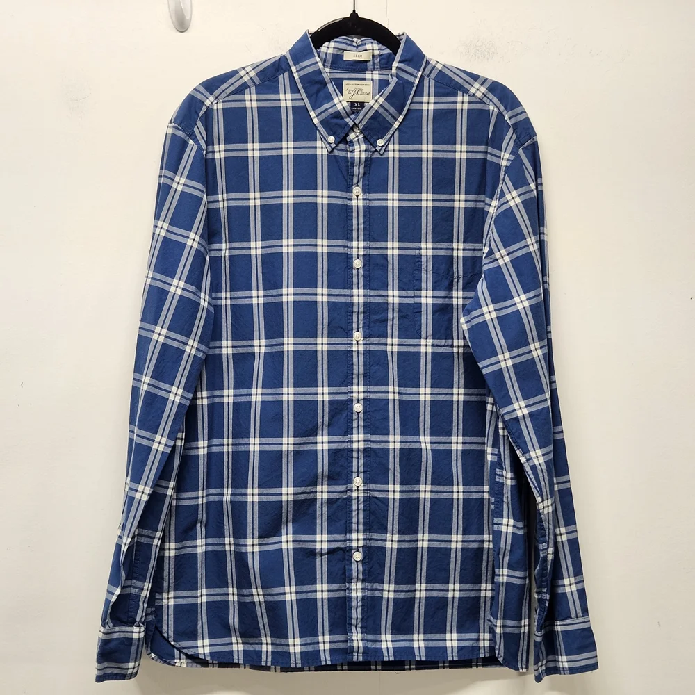 J.Crew Slim Fit Button Down Long Sleeve Shirt XL Blue Plaid Cotton Shirting
